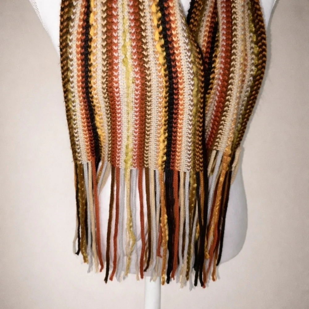 Echo Retro Boho Knit Scarf | Striped Woven Fringe | 60s Flower Child Vibe